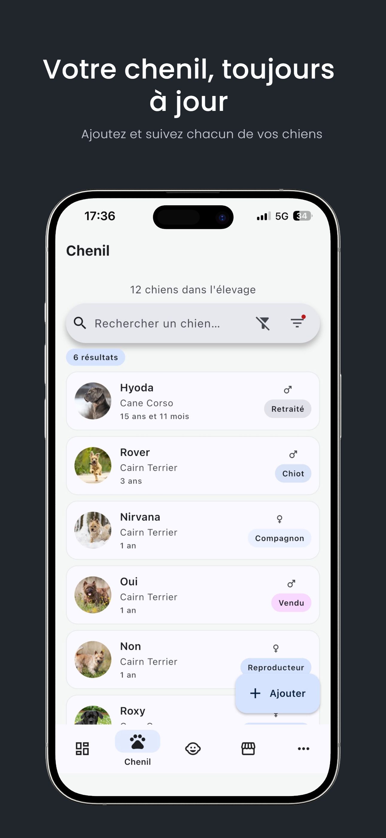 Écran chenil Breederly : liste des chiens de l’élevage