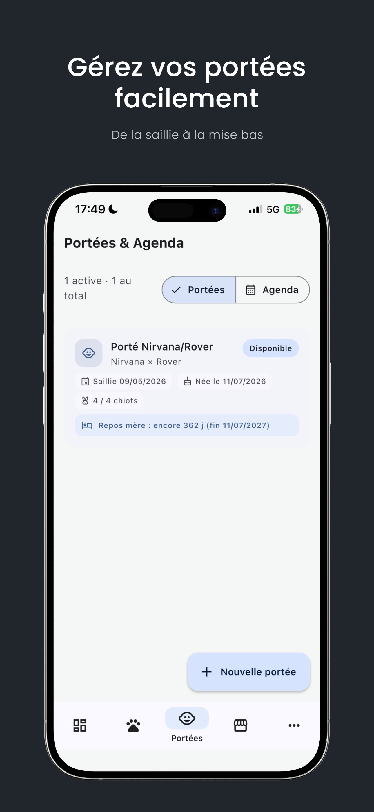 Écran portées Breederly : suivi des portées