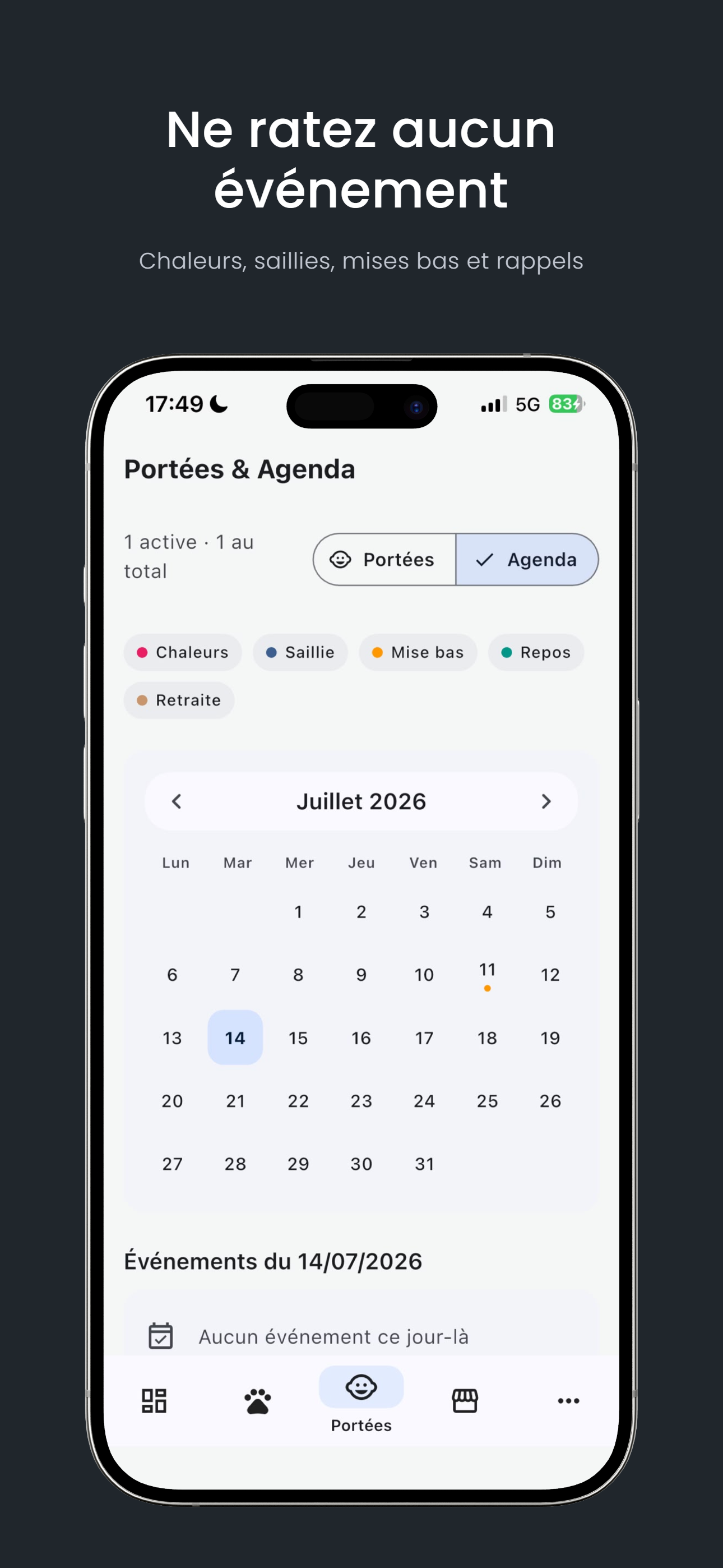 Écran agenda Breederly : chaleurs, saillies et mises bas